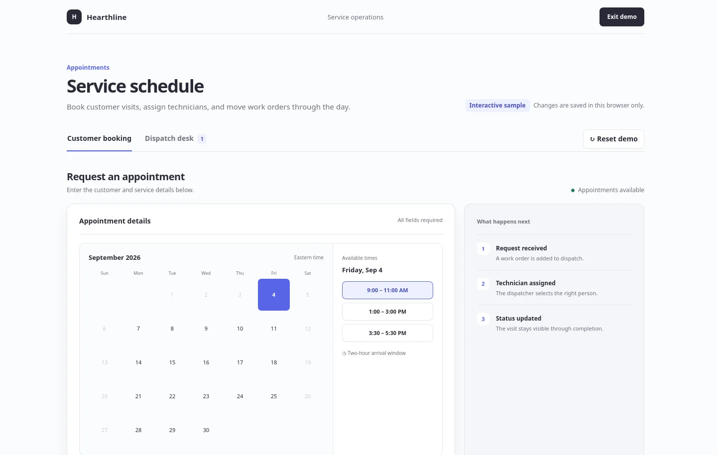 Hearthline Field Service dispatch and booking application