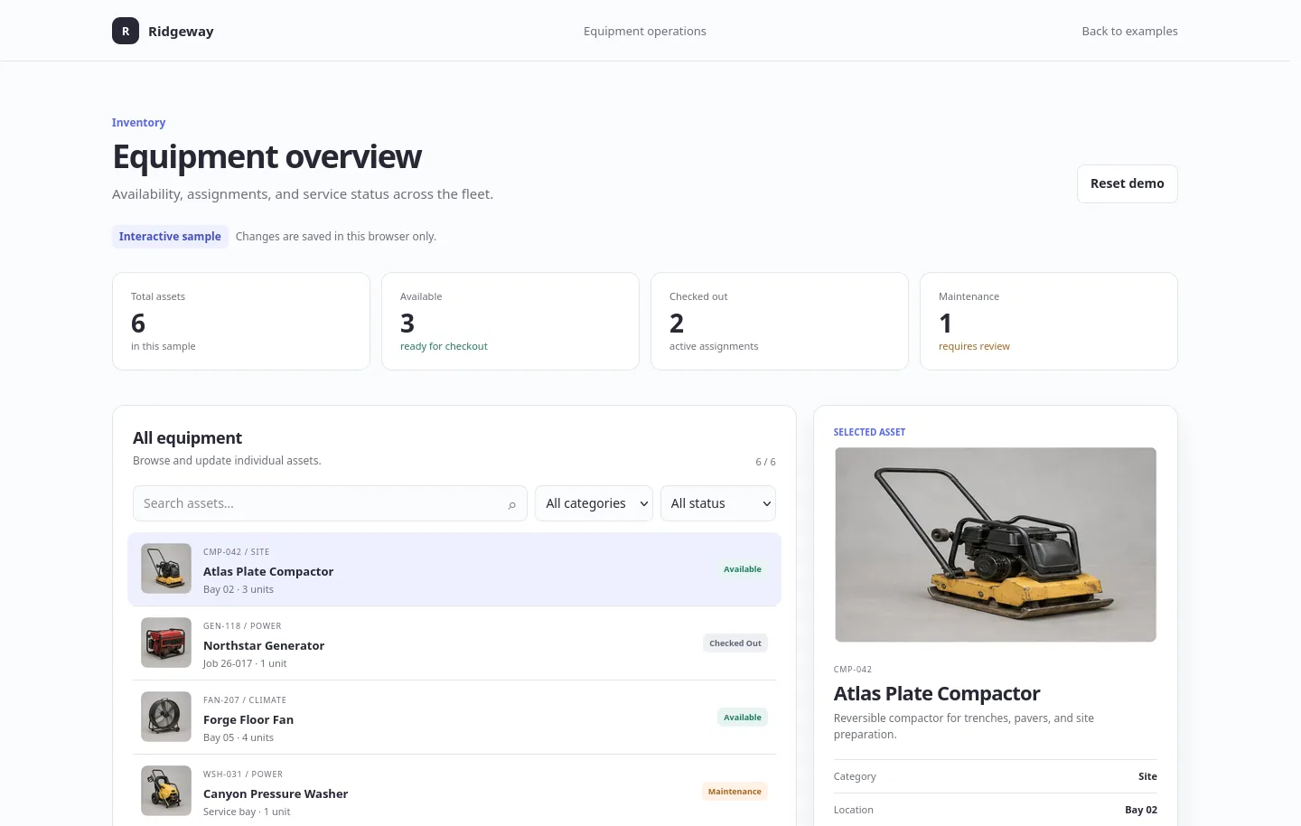 Ridgeway Equipment inventory management dashboard
