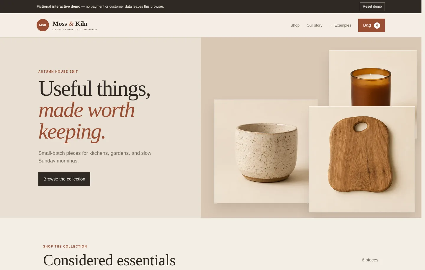 Moss and Kiln online store catalog and shopping cart